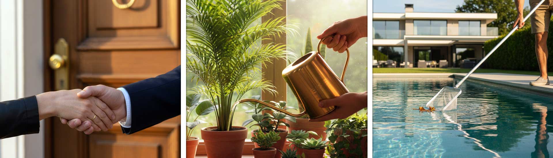 Banner mit drei Bild-Motiven zu Hausbetreuung, Motive: Schüttelnde Hände vor einer Haustüre, Goldene Gießkanne beim Gießen einer Palme, Mann beim Laub-Keschern an Außenpool