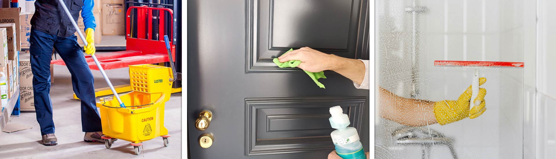 Banner mit drei Bild-Motiven über Reinigungsarbeiten, Motive: Geputzte Spüle, Frau beim Bodenwischen, Hand beim Fensterputzen