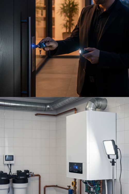 Kontrolle des Türschlosses mit Taschenlampe bei Dunkelheit. Foto einer Heizungsanlage