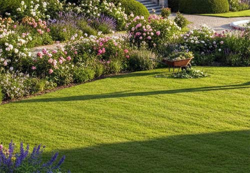 Gemähter Rasen mit Schubkarre voller Gras