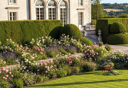 Villa mit Rasen und Rosen