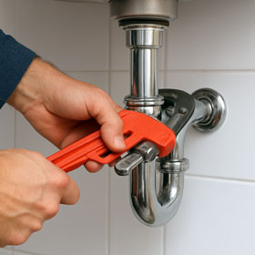 Hände, die mit einer Zange ein Abflussrohr montieren