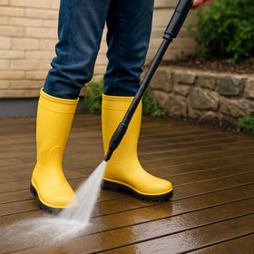 Beine in gelben Gummistiefeln, beim Abspritzen von Holzdielen mit einem Hochdruckreiniger