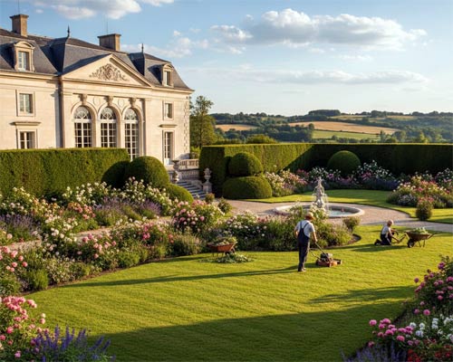 Logo, Motiv: Gepflegte Außenansicht einer Villa mit Rosen und Rasen