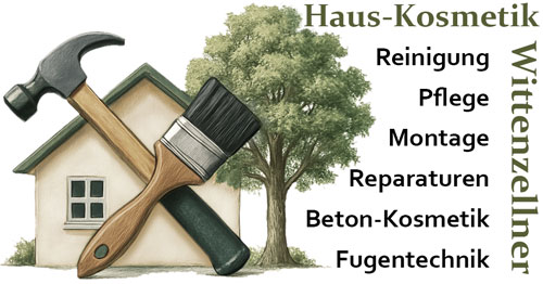 Logo-Zeichnung, Motiv: Haus, Hammer, Pinsel und Baum
