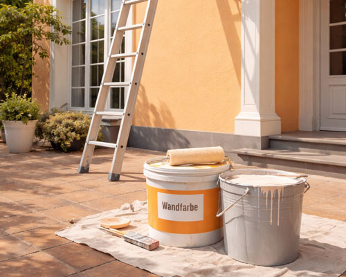 Anlegeleiter an einer Hausfassade einer Villa in der Farbe apricot; am Boden stehen zwei Farbeimer